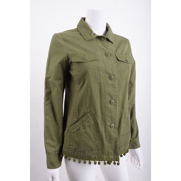 Talbots Womens Green Button Down Utility Jacket Blazer Pom Pom Detail XS - Picture 2 of 6